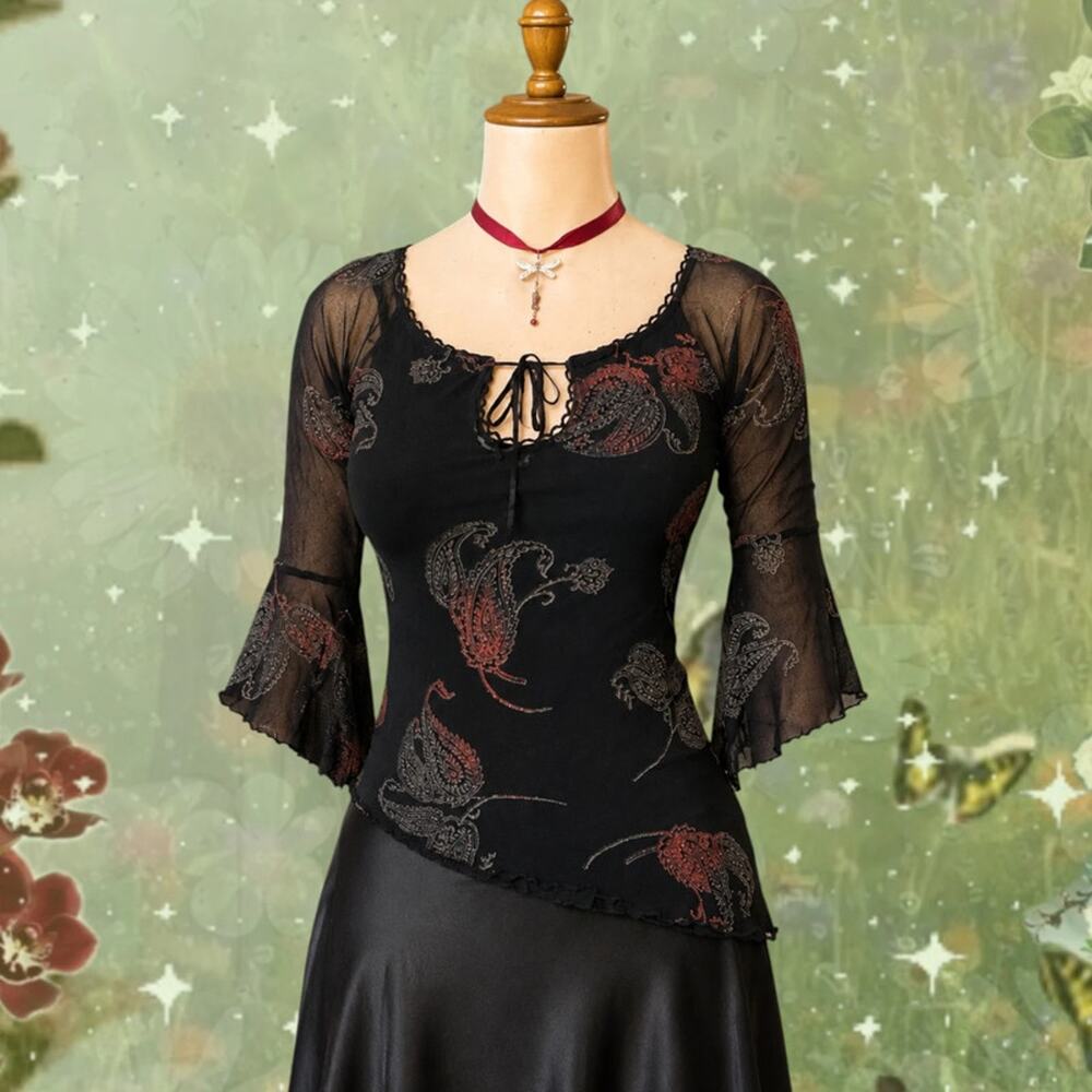 Y2K Mesh Paisley Bell Sleeve Whimsigoth Top